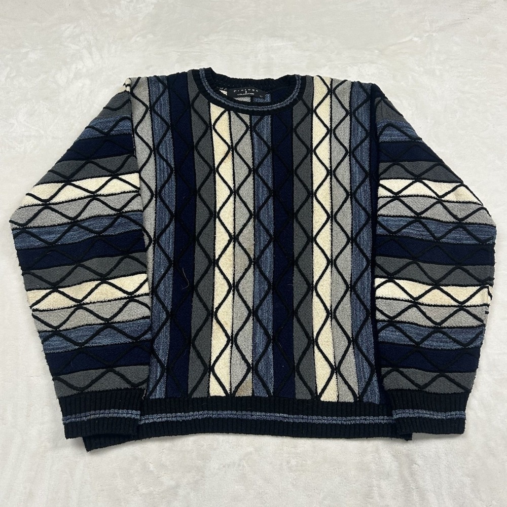 Protege Collection Sweater Mens Large Blue Grey Diamond Geometric Knit Pullover